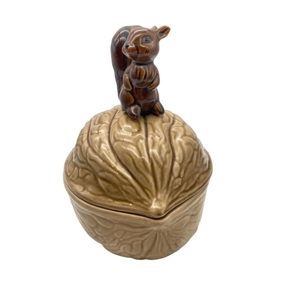 Vintage Armbee Squirrel on Walnut ceramic lidded trinket candy dish Japan MCM - Picture 2 of 9